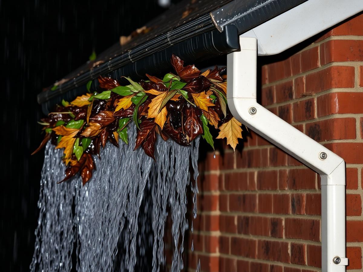 Blocked gutter overflowing with leaves and water damage
